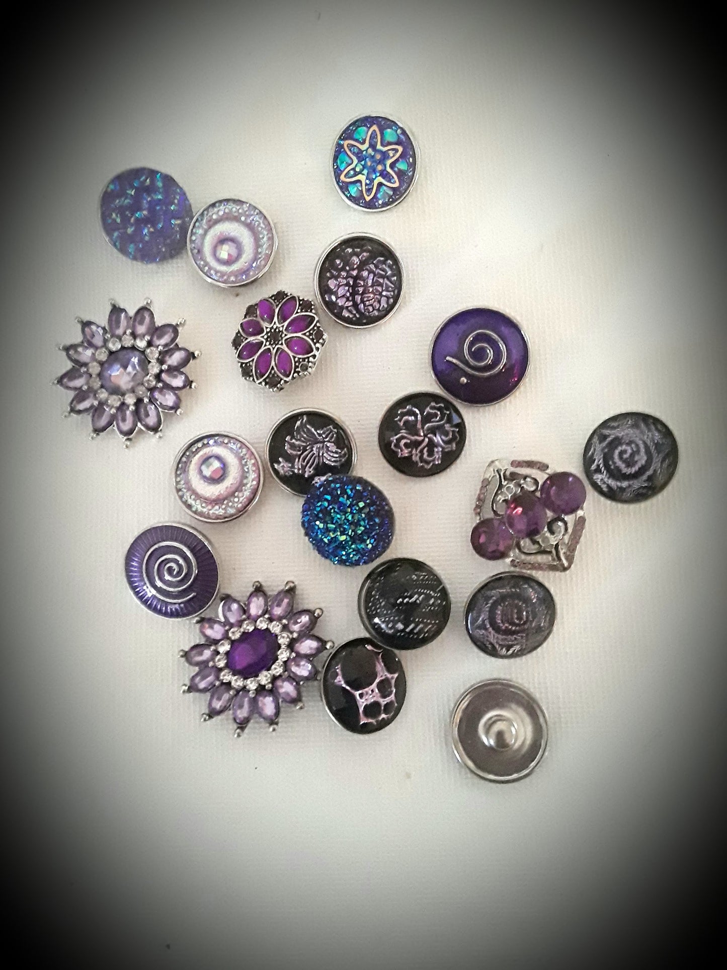 Purple snaps 18mm Metal, Bubble, Rhinestones, Flowers, Spirils, Scales, Peacock Eyes