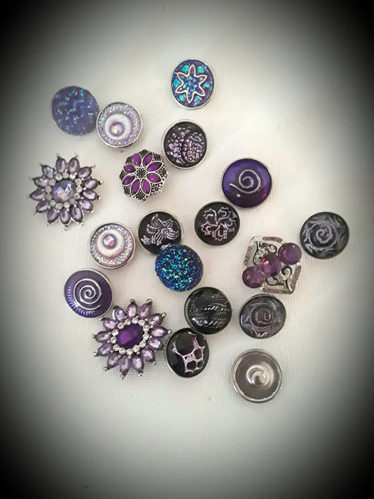 Purple snaps 18mm Metal, Bubble, Rhinestones, Flowers, Spirils, Scales, Peacock Eyes