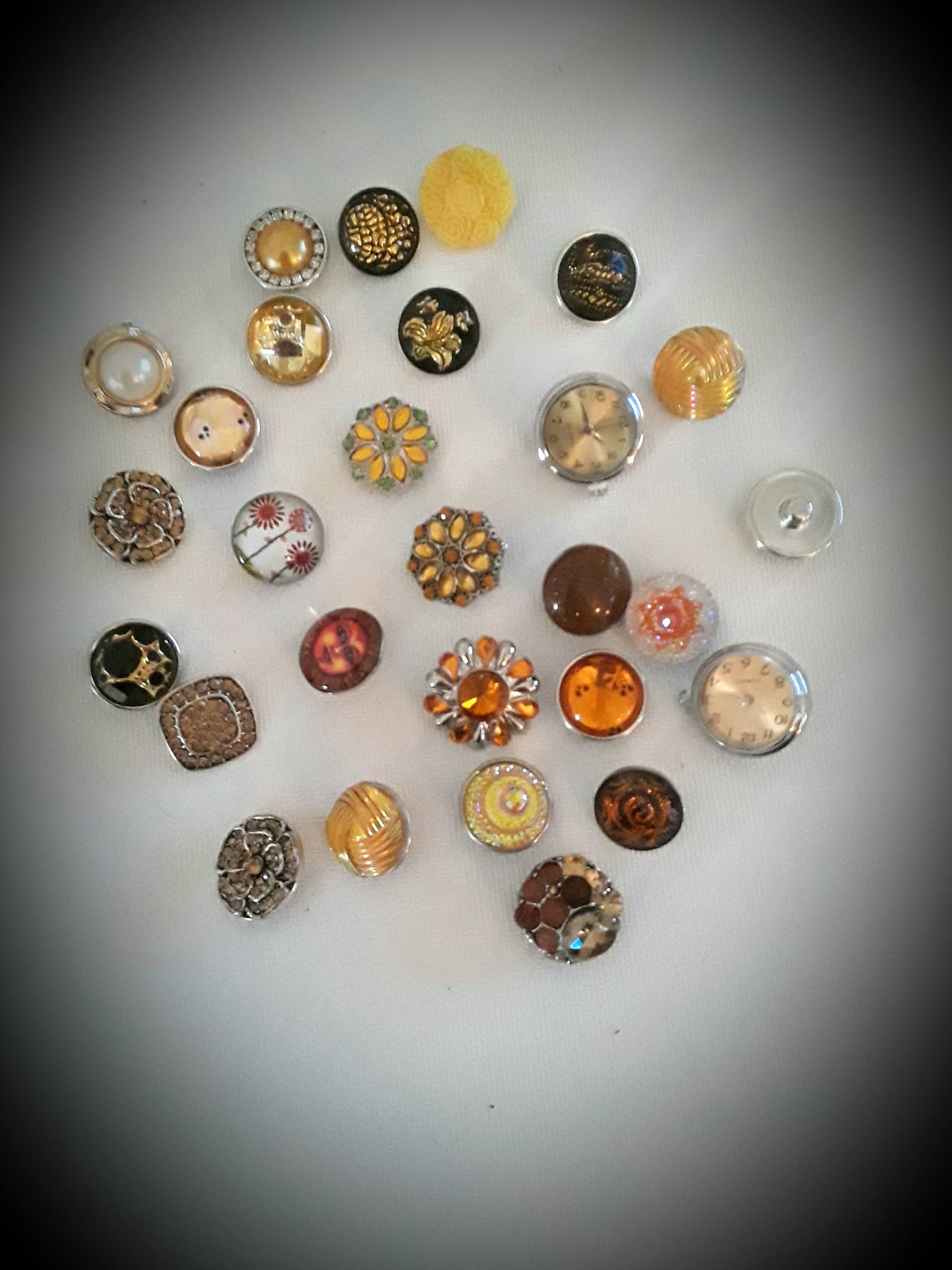 Orange Snap 18mm Metal, Bubble, Rhinestone, Clock, Flowers, Spiril