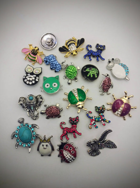 Animal snaps 18mm Beatles, owls, cats, bees, turtles, elephants, bulls