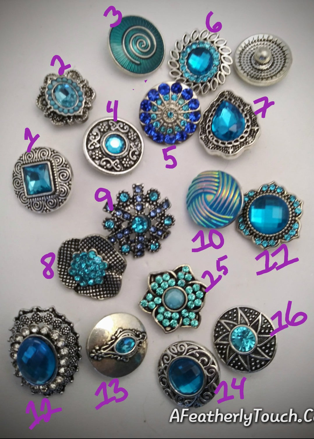 A variety of blue snaps 18mm Bubble, Rhinestone, Metal, Vintage,  Flower, Spiril