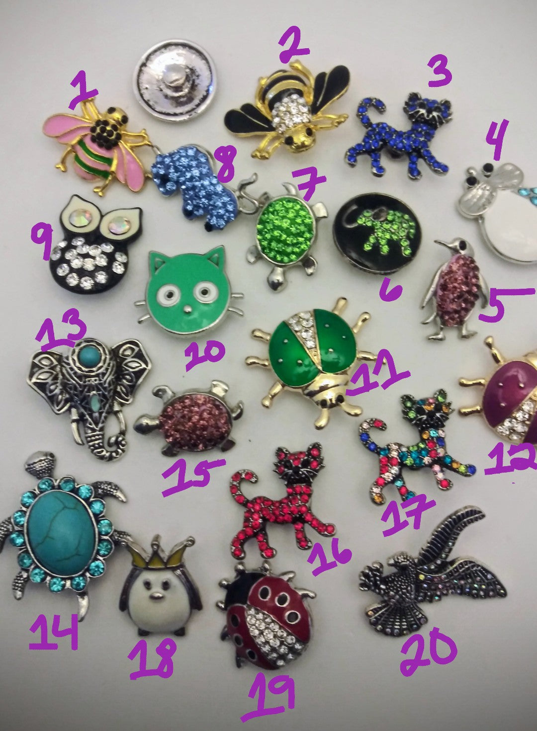 Animal snaps 18mm Beatles, owls, cats, bees, turtles, elephants, bulls