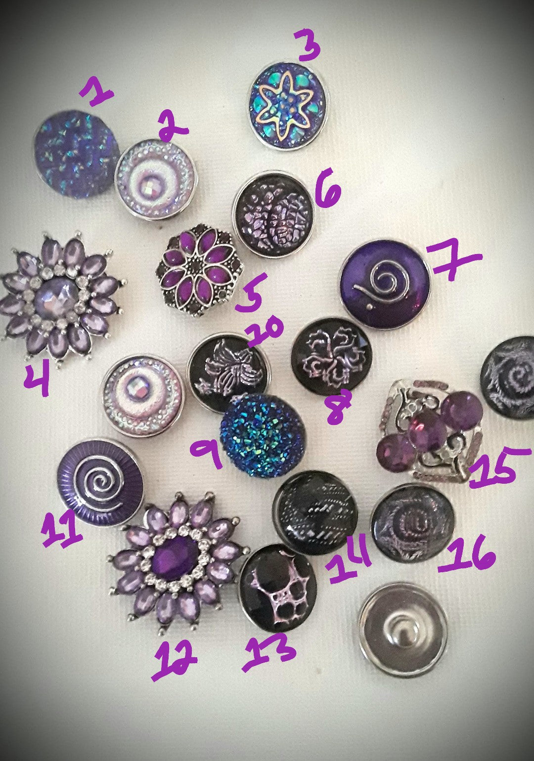 Purple snaps 18mm Metal, Bubble, Rhinestones, Flowers, Spirils, Scales, Peacock Eyes
