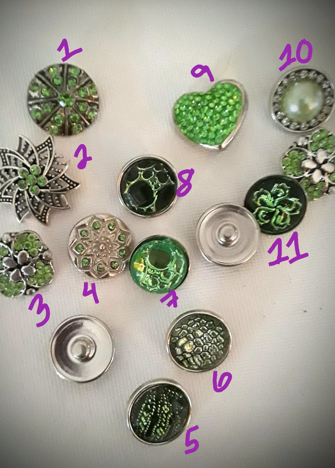 Green 18mm snaps Bubble, Rhinestone, Metal, Heart, Spiril, 3D