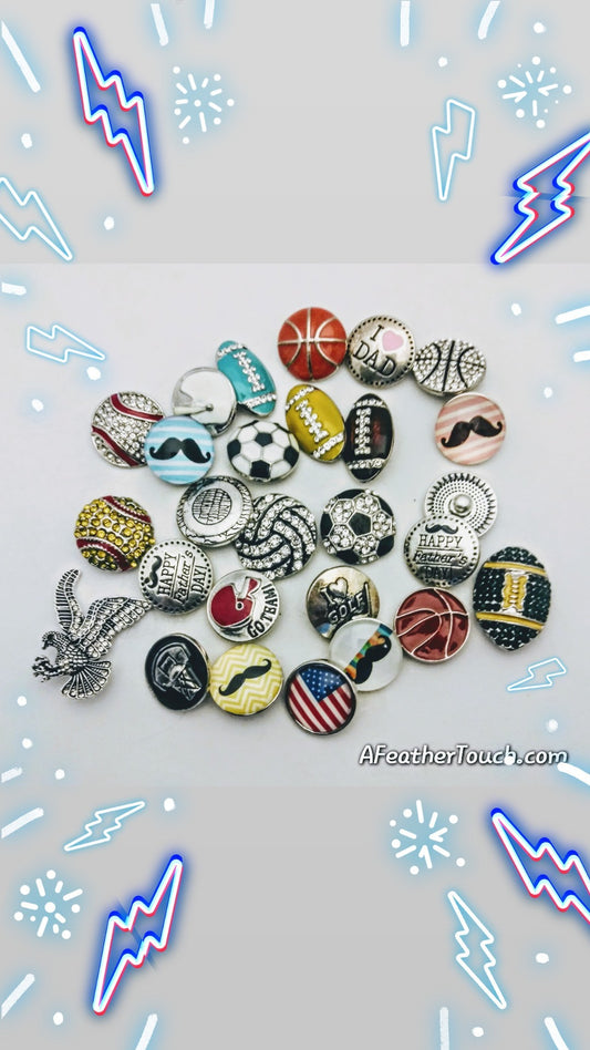 A variety of snaps 18mm noosa snaps footballs, soccer balls, mustaches, volleyball, basketball, eagle